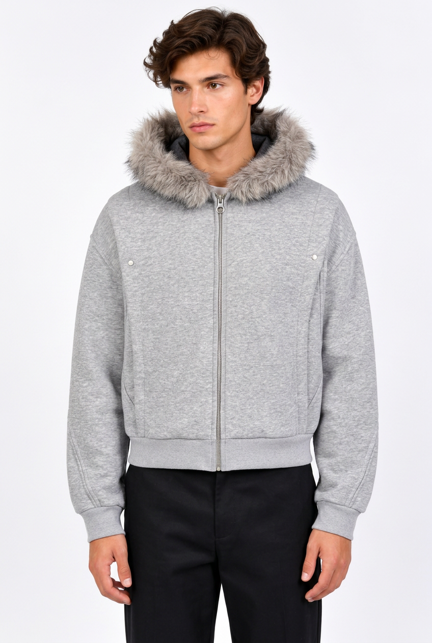 Sweat zippé homme à capuche bordée effet fourrure – Coupe ample
