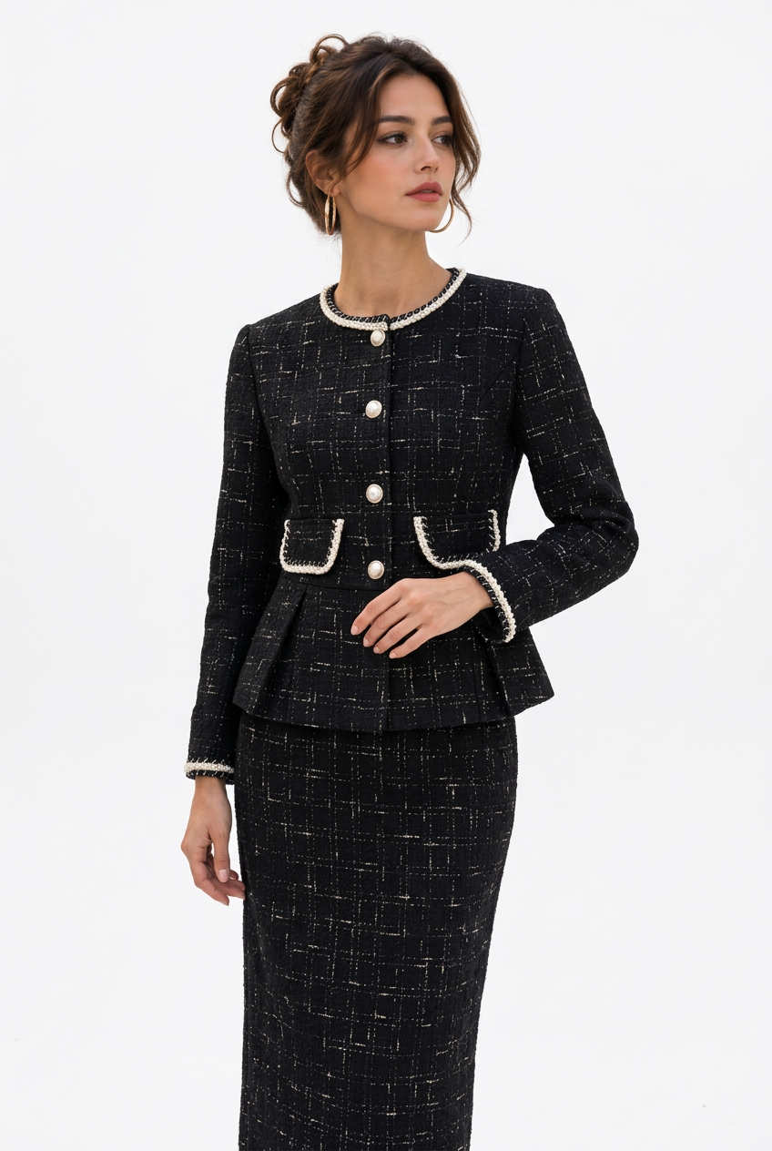 Ensemble tailleur femme noir : veste boutonnée et jupe longue