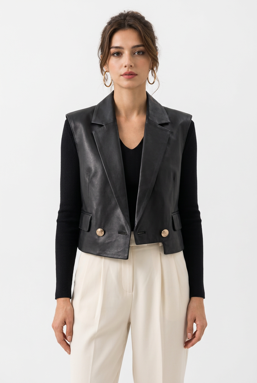 Veste blazer sans manches femme en cuir à boutons dorés
