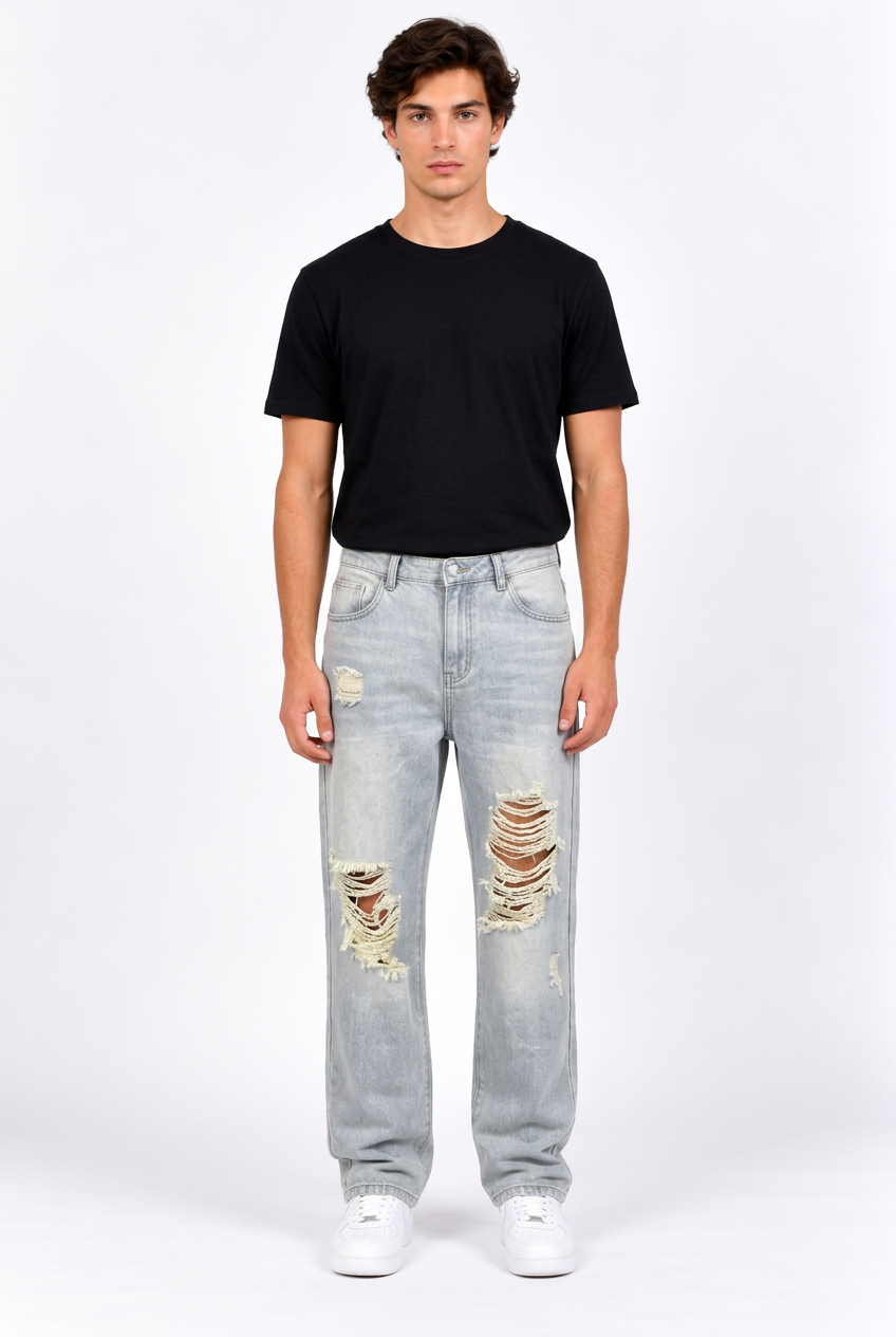 Jean homme déchiré bleu clair – Coupe droite