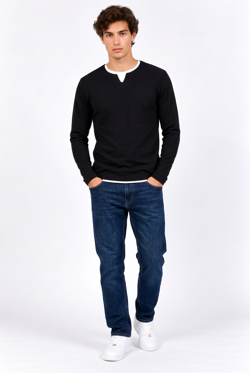 T-Shirt Homme Manches Longues Effet Deux-Pièces – Col Rond