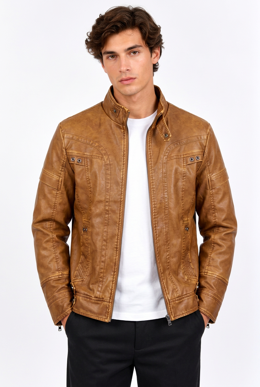 Blouson homme en simili cuir à col montant – Coupe ajustée
