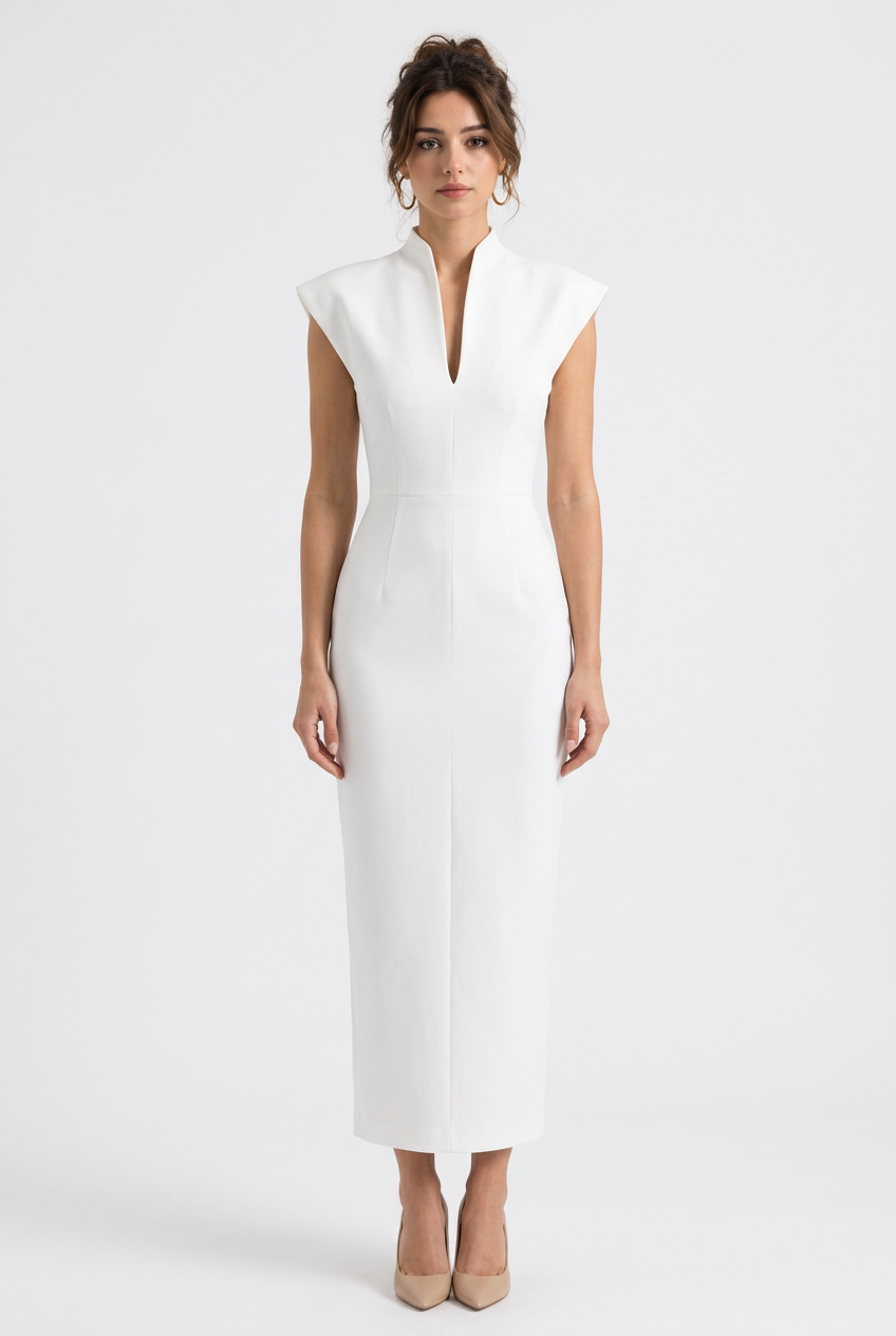 Robe longue moulante sans manches à col montant et décolleté en V