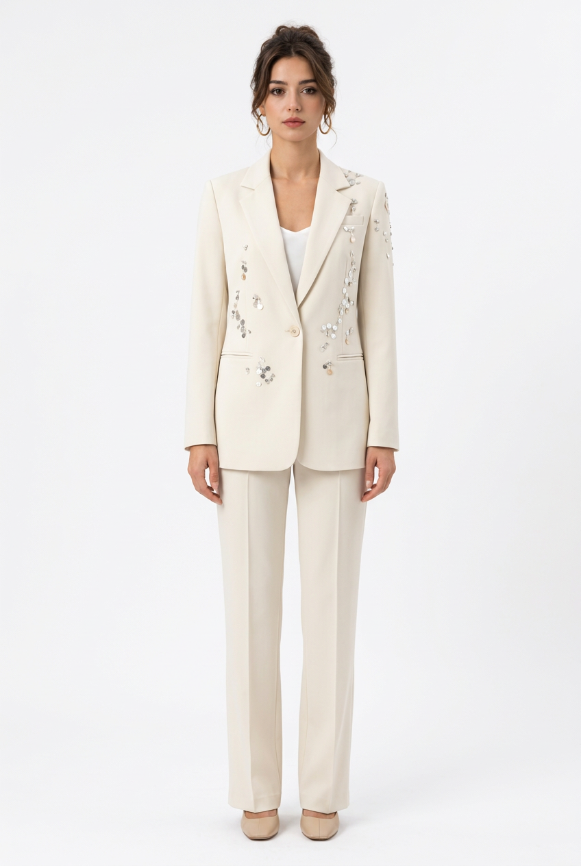 Tailleur pantalon femme à ornements brillants – Ensemble deux pièces