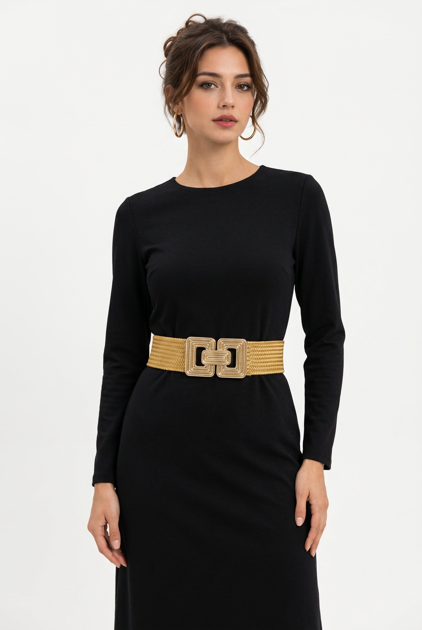 Ceinture large élastique femme à boucle géométrique dorée