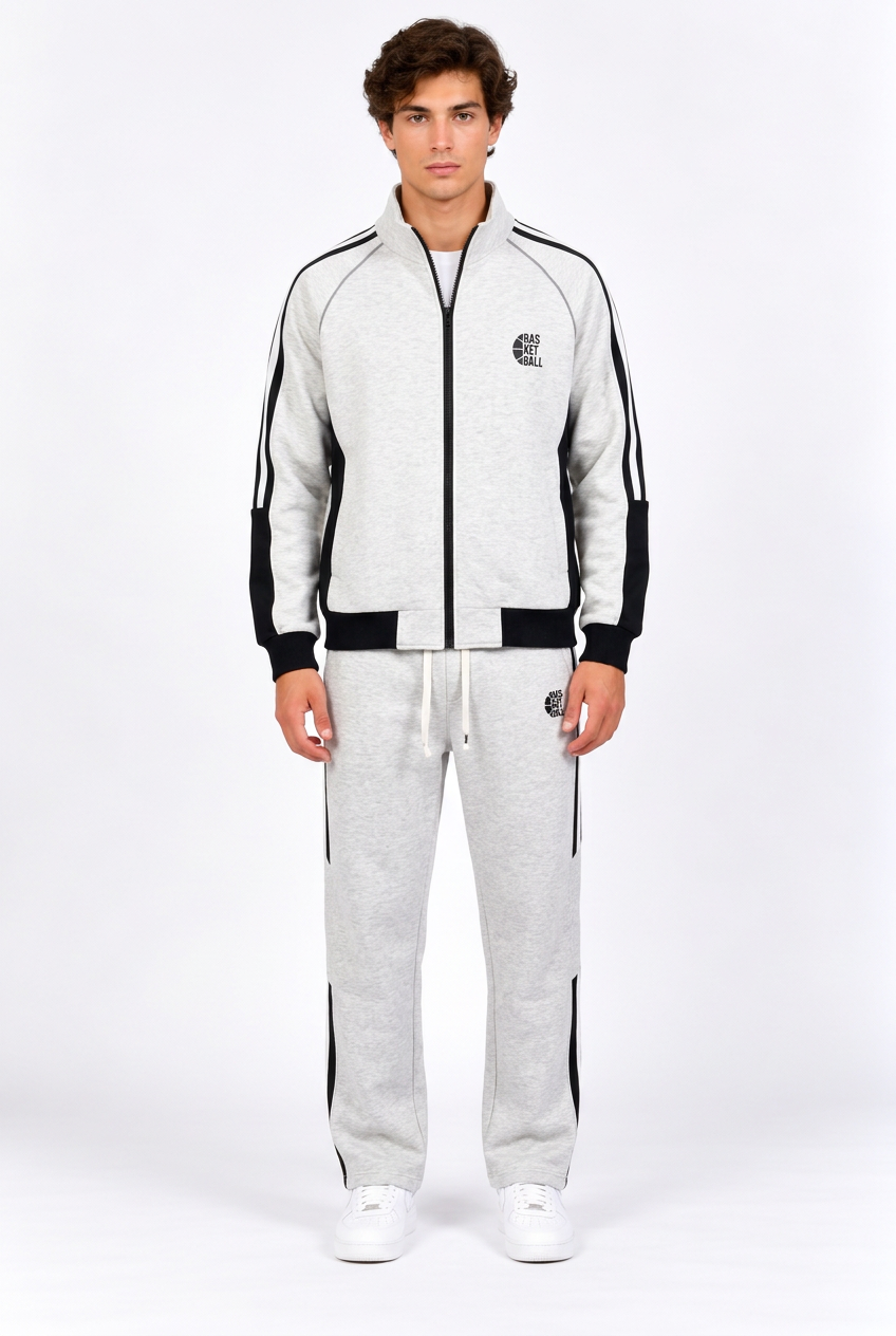 Ensemble homme veste zippée à col montant et pantalon à bandes