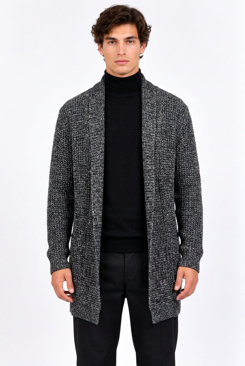 Lange, schmal geschnittene Herren-Strickjacke – Grauer Streetwear-Pullover für den Herbst