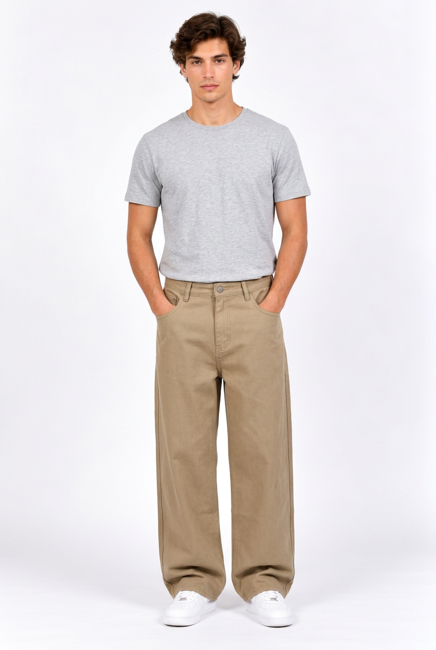 Pantalon droit taille mi-haute – Coupe droite, fermeture éclair, style streetwear