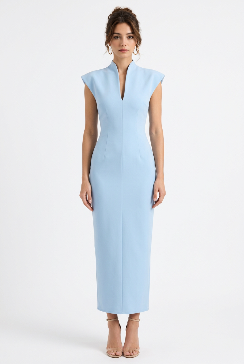 Robe longue moulante sans manches à col montant et décolleté en V