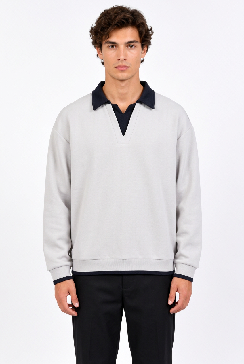 Pull homme à col chemise effet deux-en-un – Coupe ample