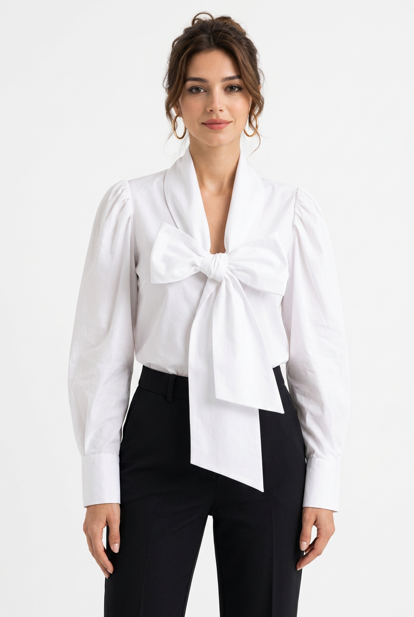 Blouse blanche en coton à grand nœud et manches bouffantes
