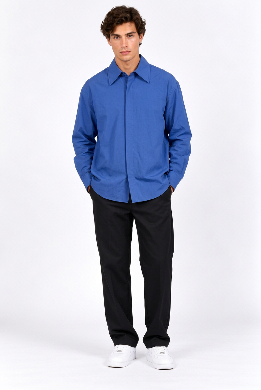 Chemise Homme Manches Longues Bleue – Coupe Ample, Col Classique