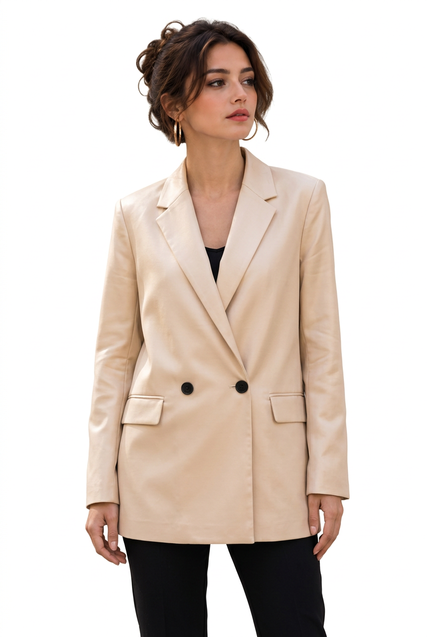 Blazer femme beige satiné à double boutonnage