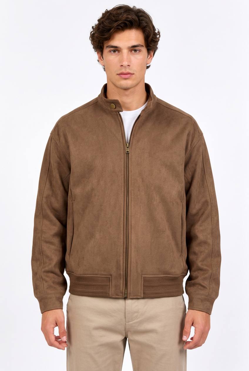 Herren-Stehkragenjacke mit Reißverschluss, Colorblock, chinesischer Streetwear-Stil, Braun