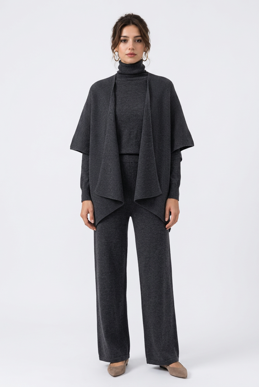 Ensemble femme en maille 3 pièces – Pull col roulé, châle et pantalon large