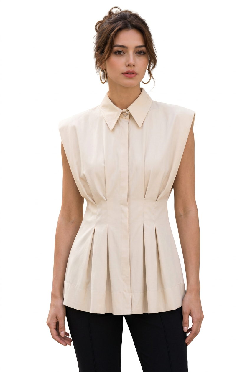 Blouse femme sans manches à col chemise et taille plissée
