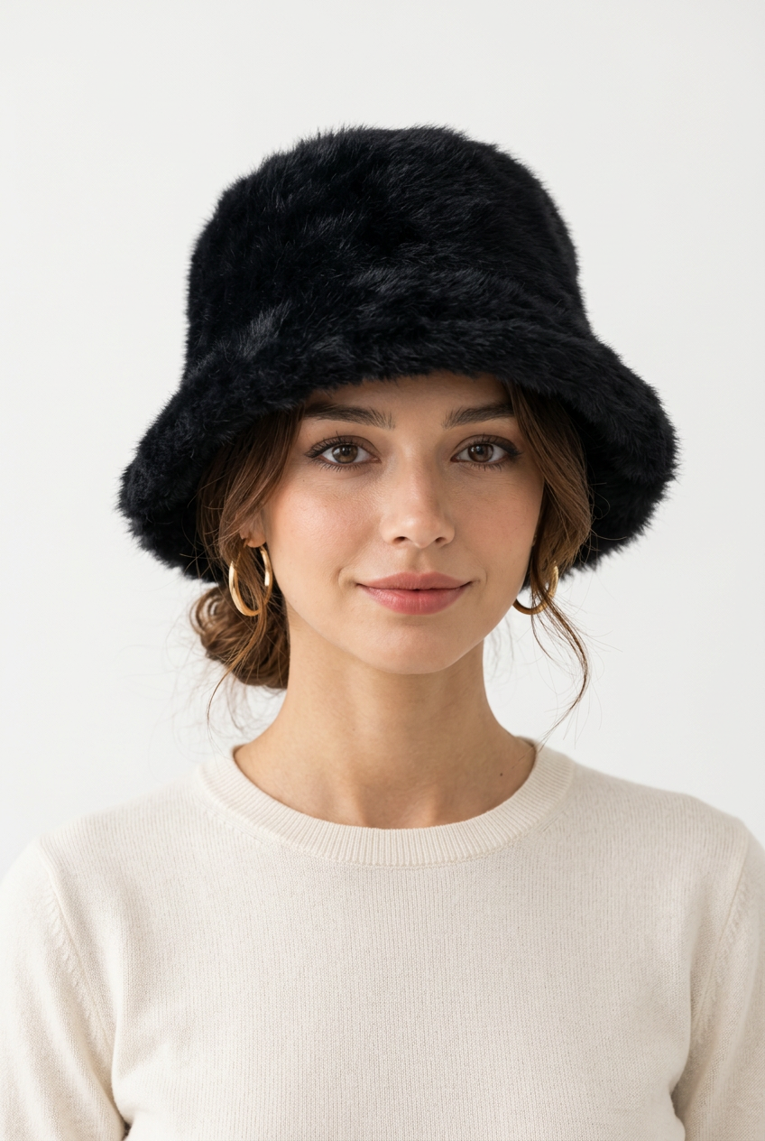 Damen-Fischerhut aus Kaninchenfell – Retro-Strick-Bucket-Hat für den Winter