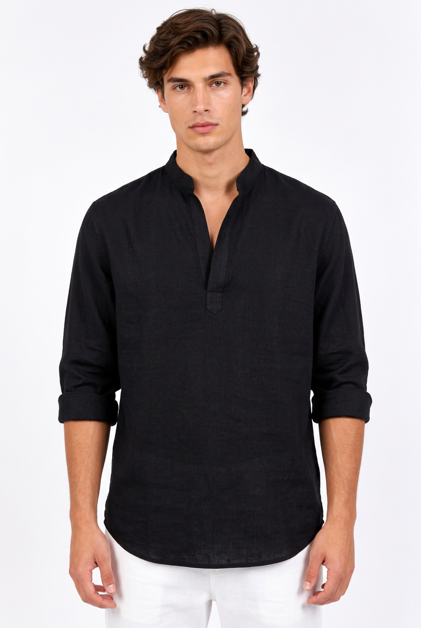 Chemise homme lin manches longues col droit – Coupe ample couleur unie casual