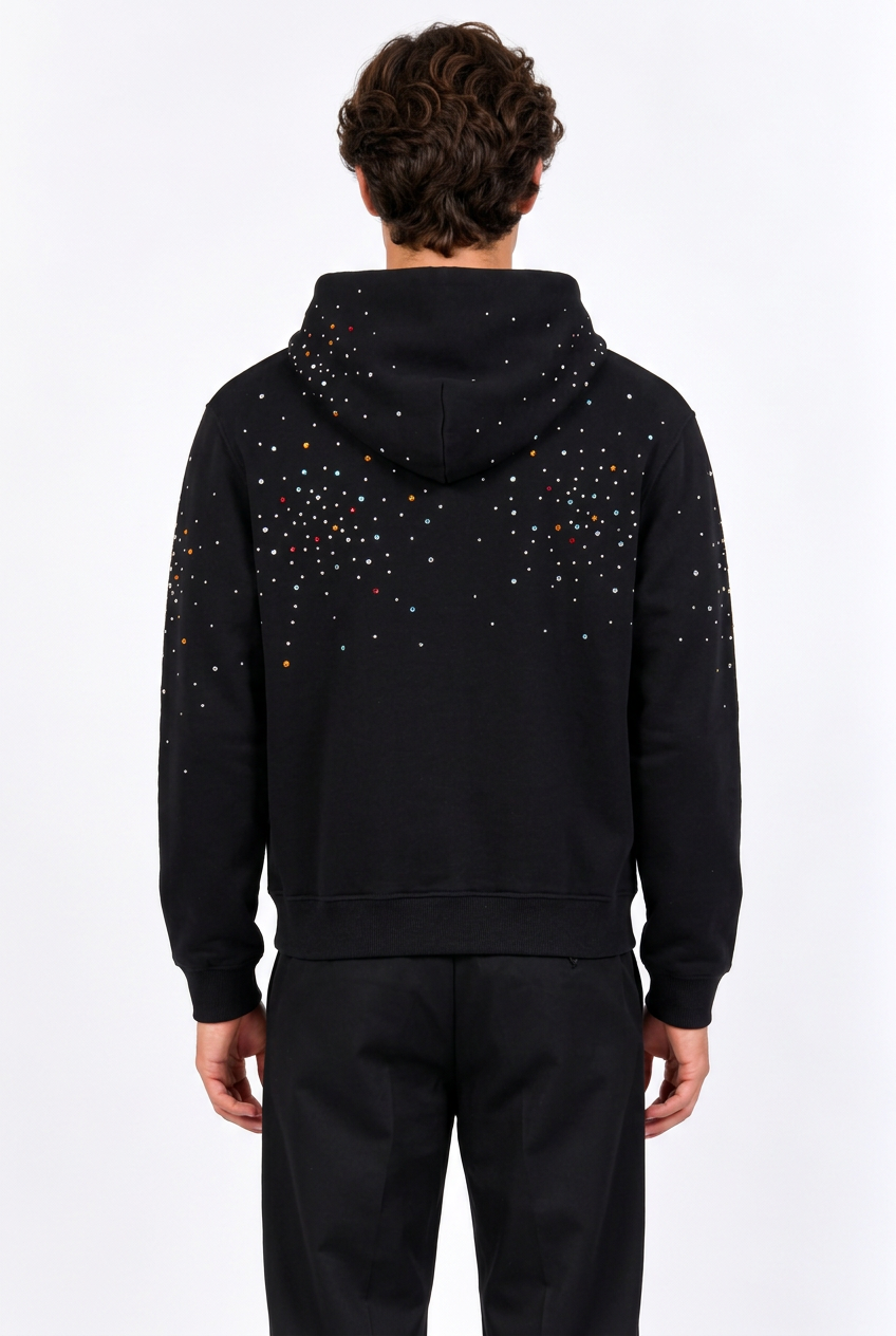 Sweat homme zippé à capuche noir à strass multicolores