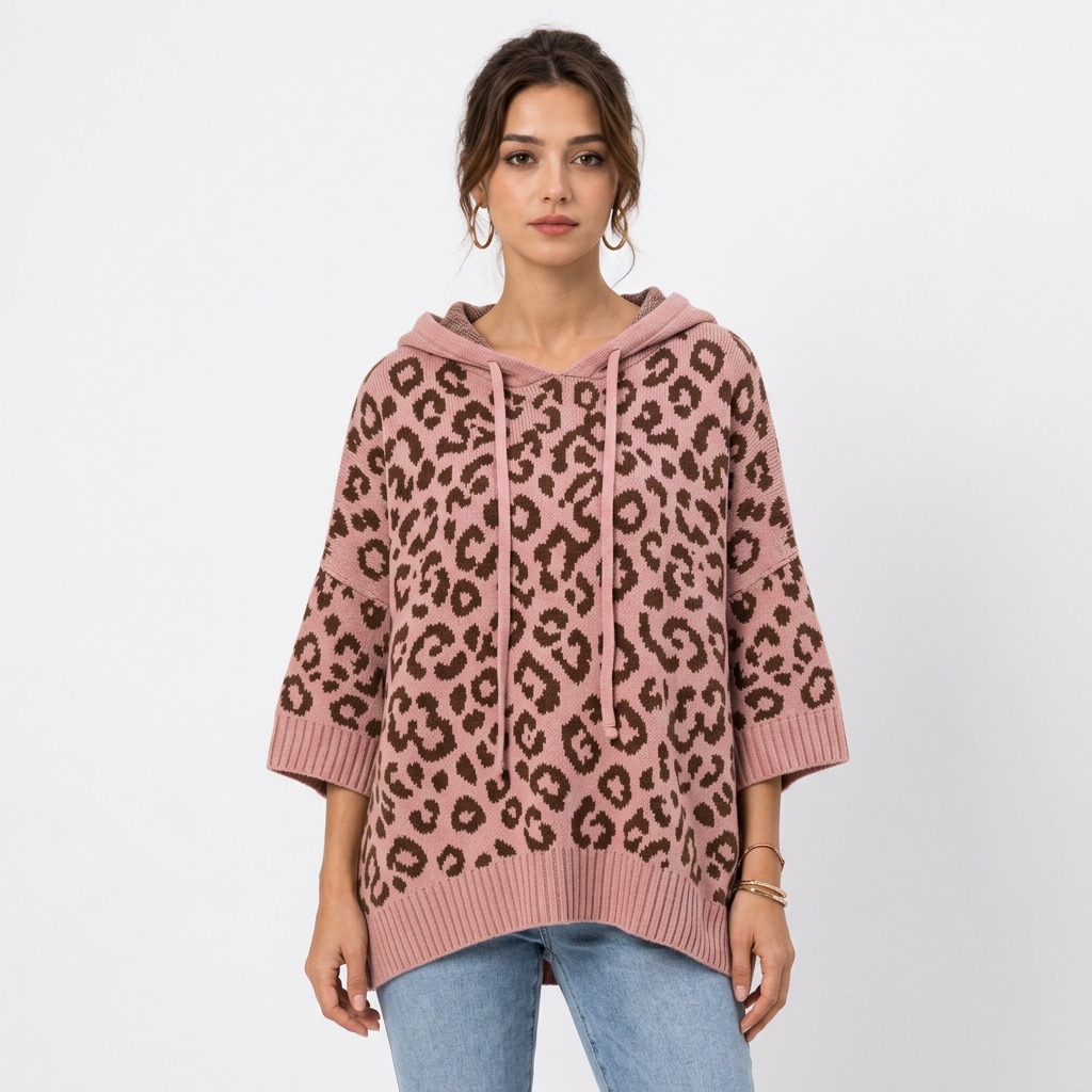 Sweat à capuche femme en maille – Imprimé léopard color block, cordon de serrage