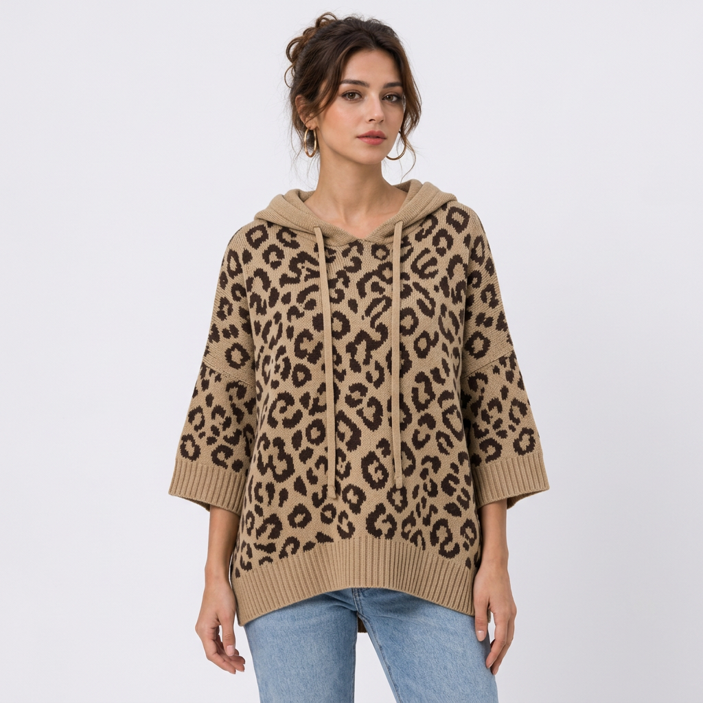 Sweat à capuche femme en maille – Imprimé léopard color block, cordon de serrage
