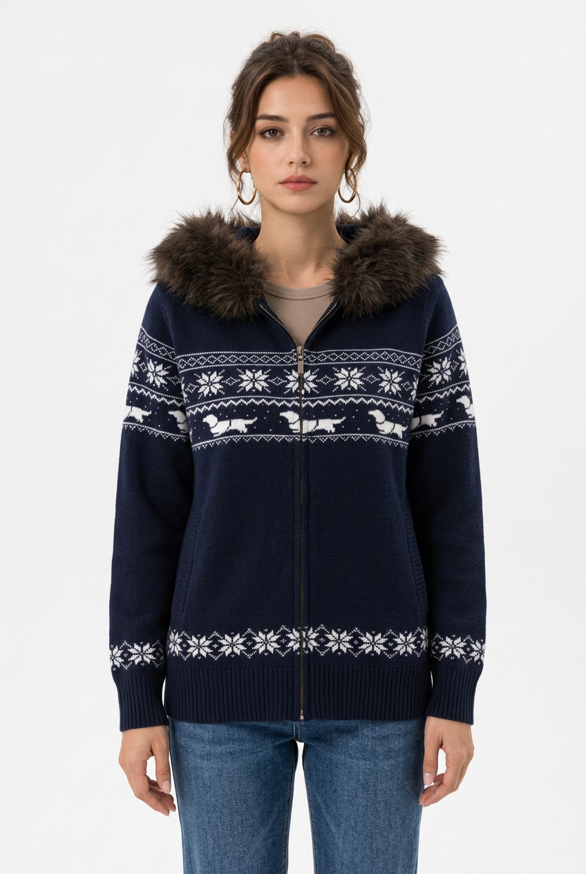 Damen-Strickjacke mit Kapuze und Fellkragen, Einheitsgröße