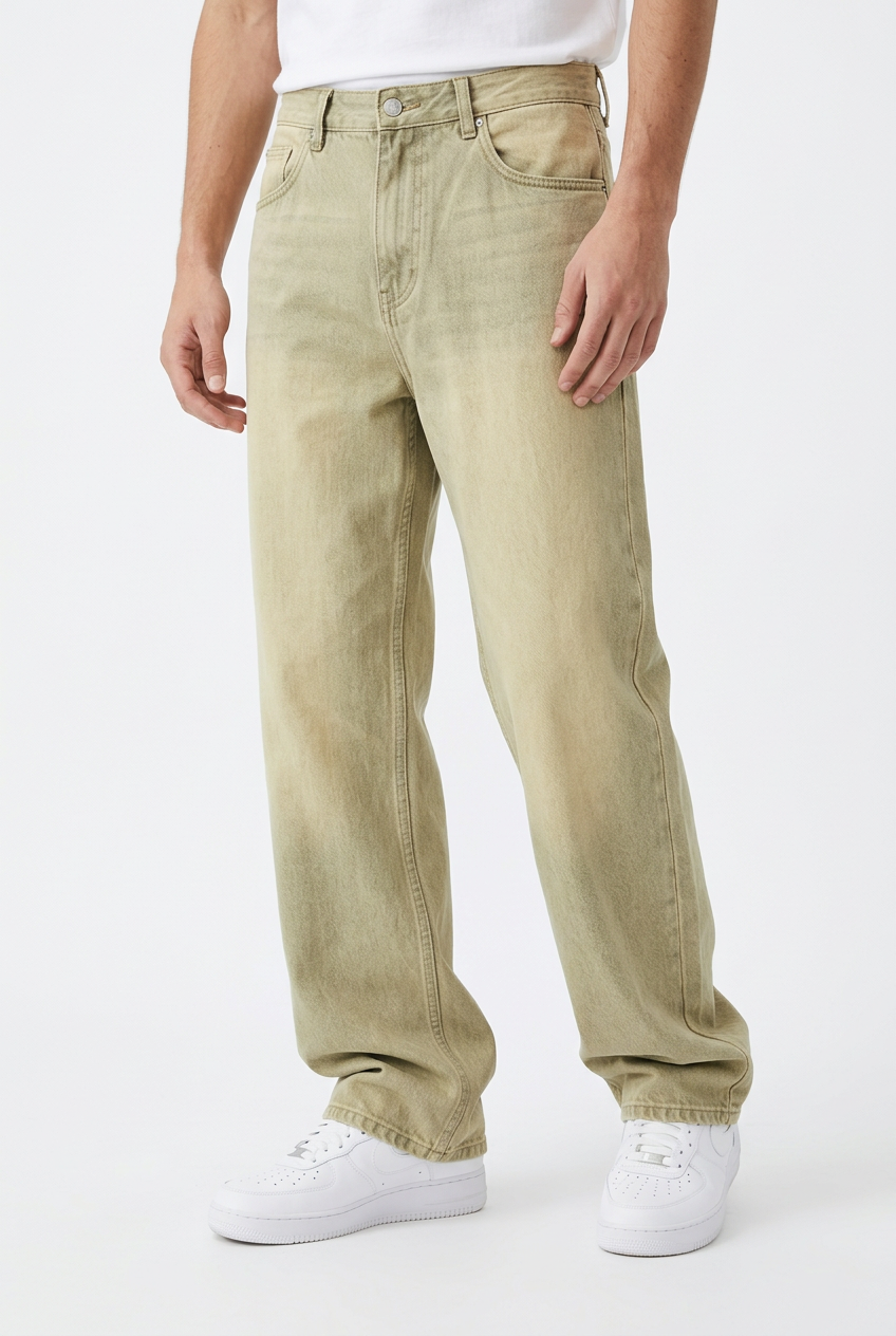 Jean beige porté naturellement, cadrage ceinture aux baskets