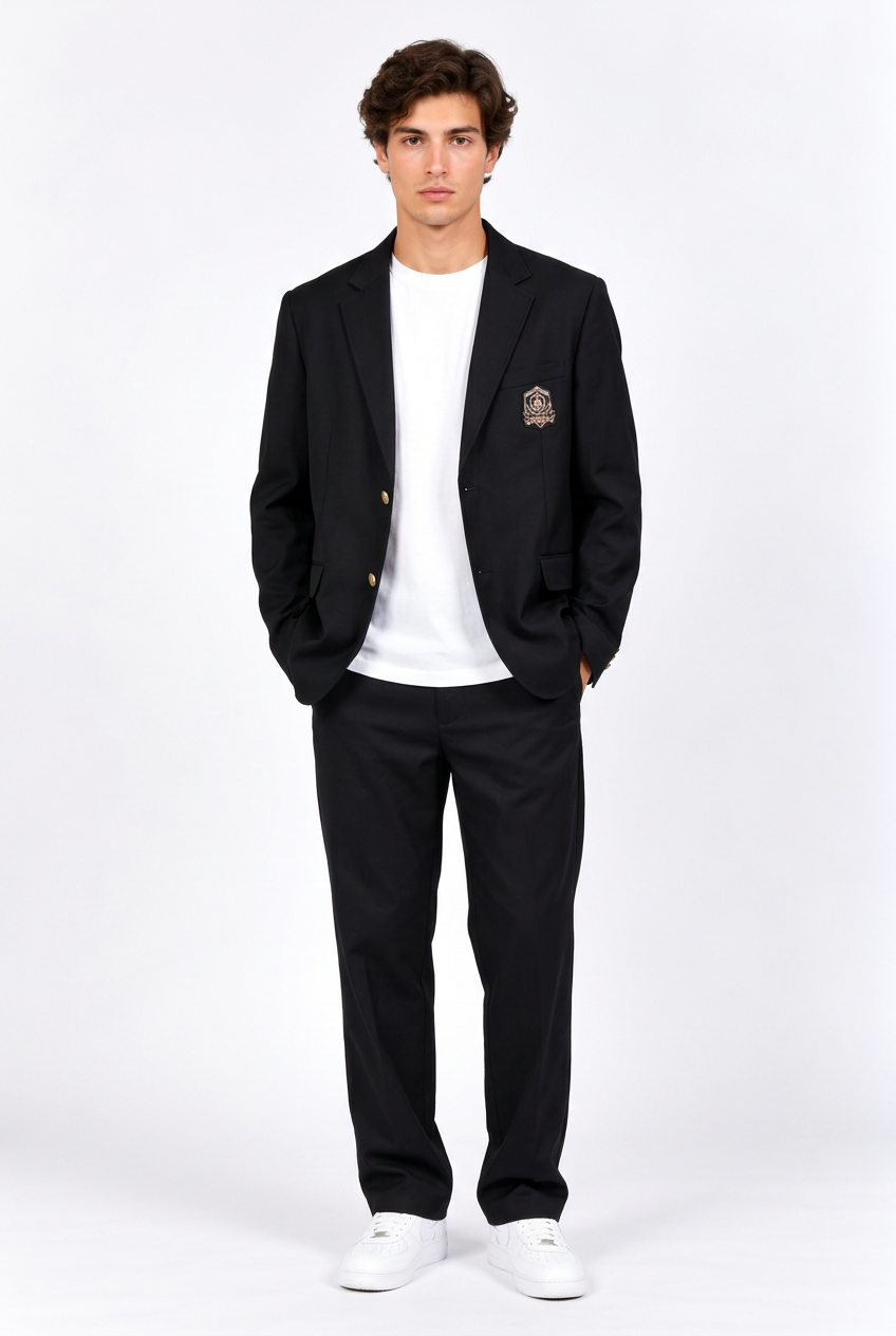 Jeff avec le blazer noir ouvert, vue de face