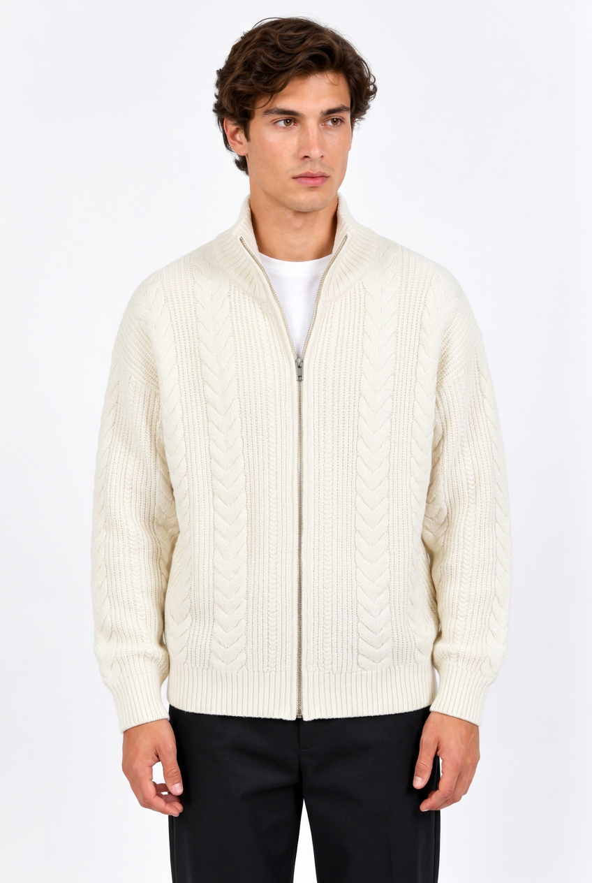 Jeff avec le cardigan blanc cassé