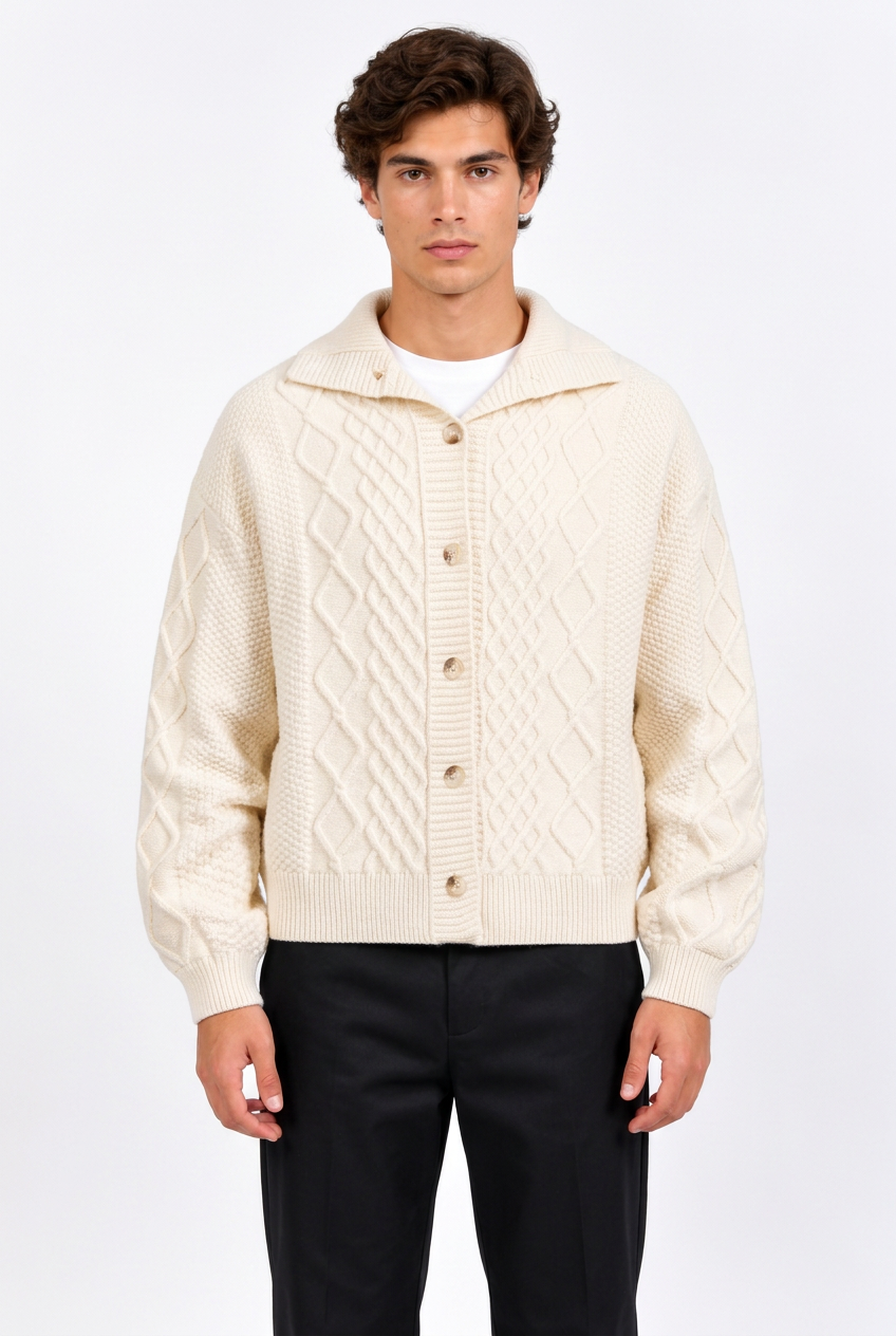 Jeff avec le gilet torsadé beige