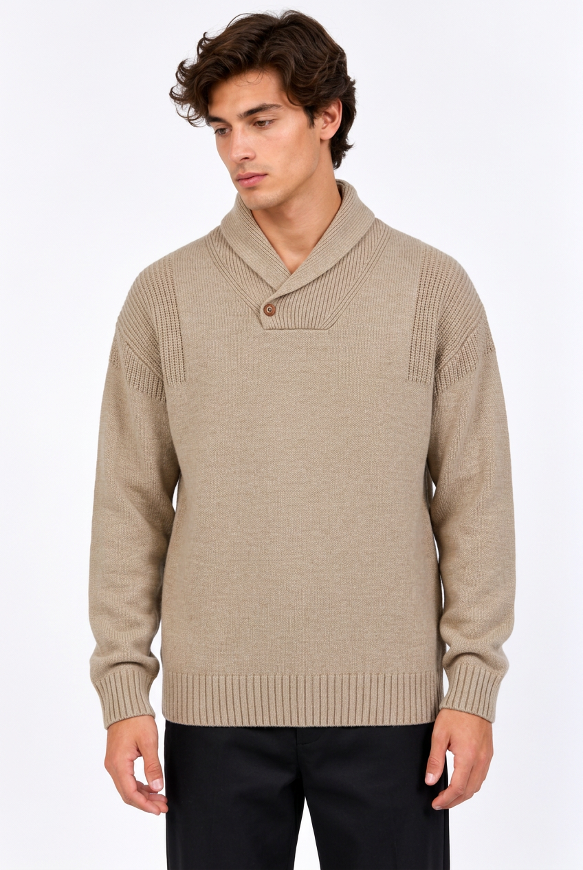 Jeff avec le pull marron taupe