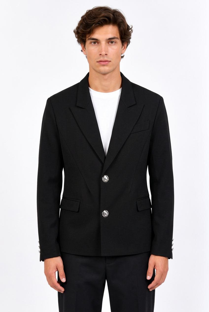 Jeff en blazer noir ajusté, vue de face