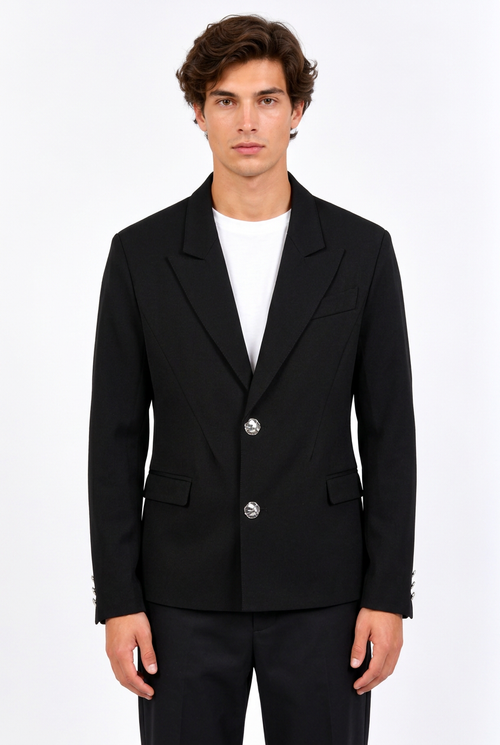 Jeff en blazer noir ajusté, vue de face
