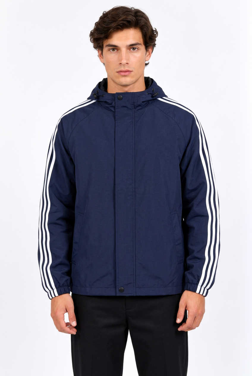 Jeff en bleu marine, capuche baissée