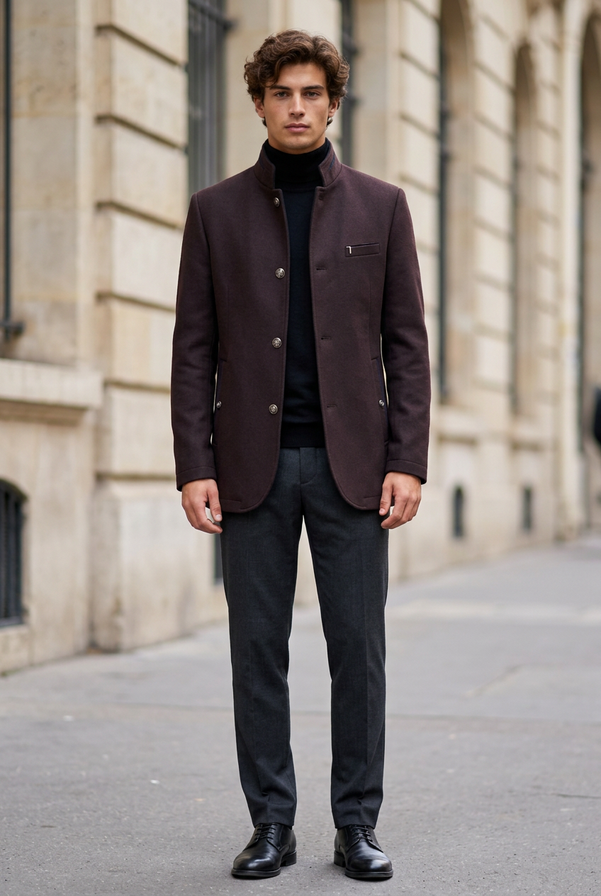 Jeff, manteau bordeaux sombre