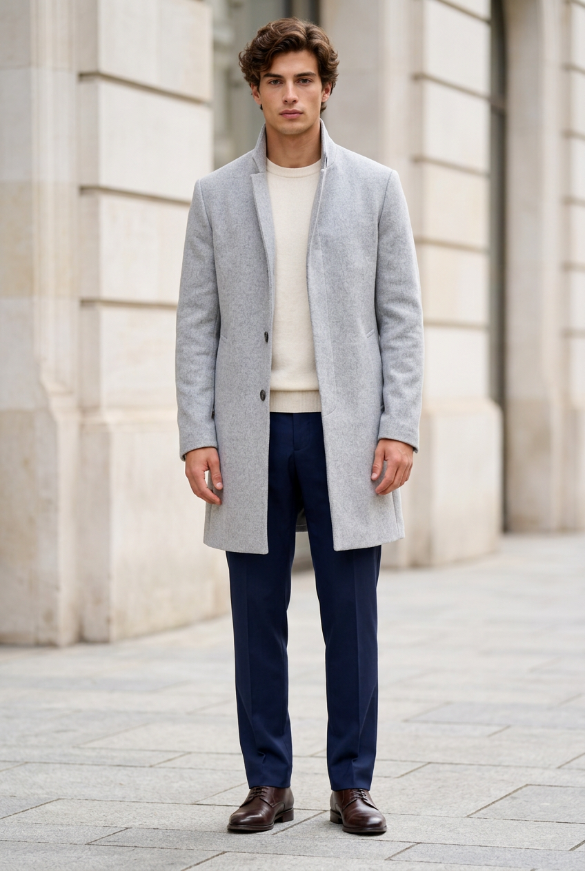 Jeff, manteau gris et pantalon bleu marine