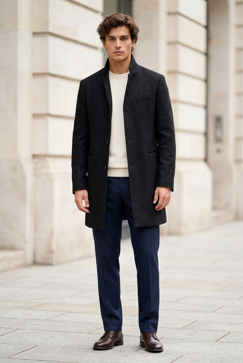 Jeff, manteau noir et pantalon bleu marine