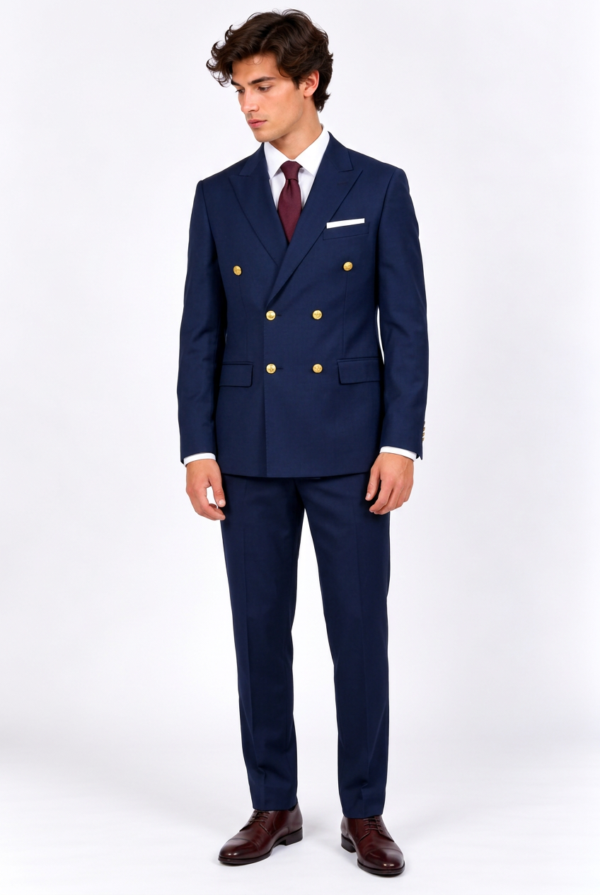 Jeff portant le costume croisé bleu marine à boutons dorés