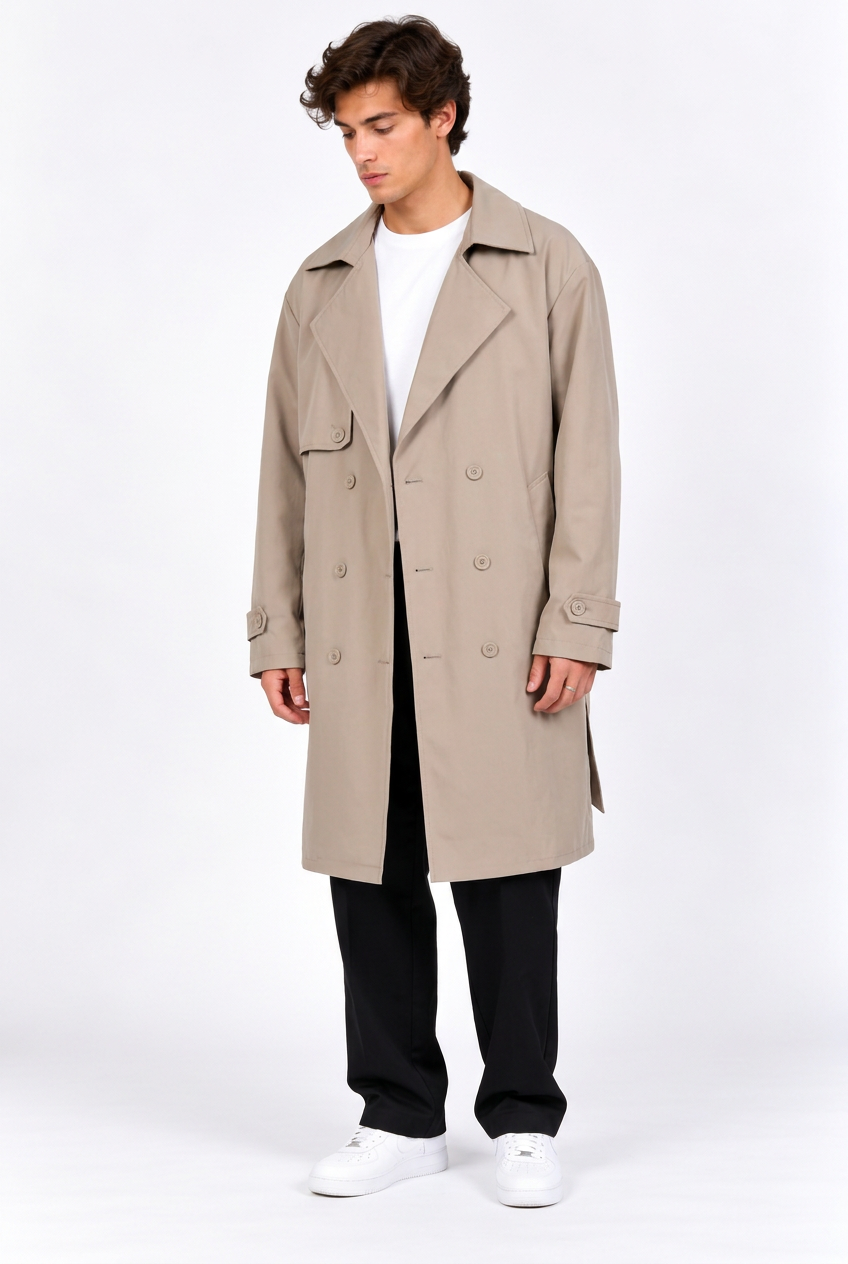 Jeff portant le trench beige sur fond blanc