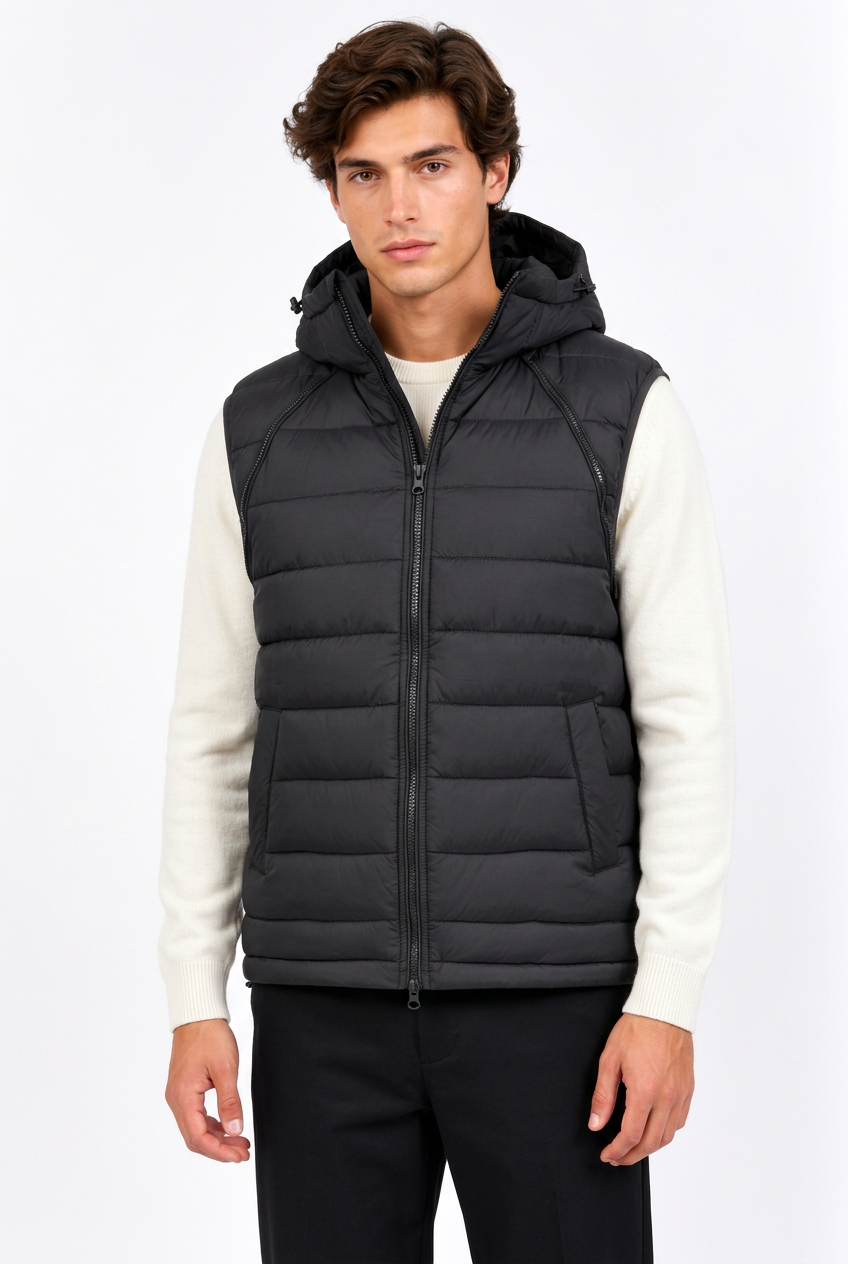 Jeff portant la doudoune noire transformée en gilet sans manches sur un pull clair