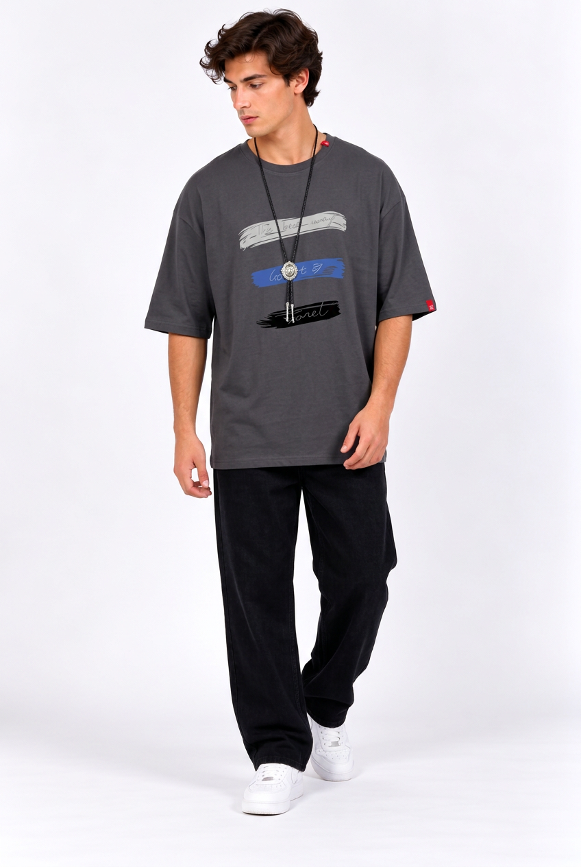 Jeff T-shirt gris foncé et jean noir large