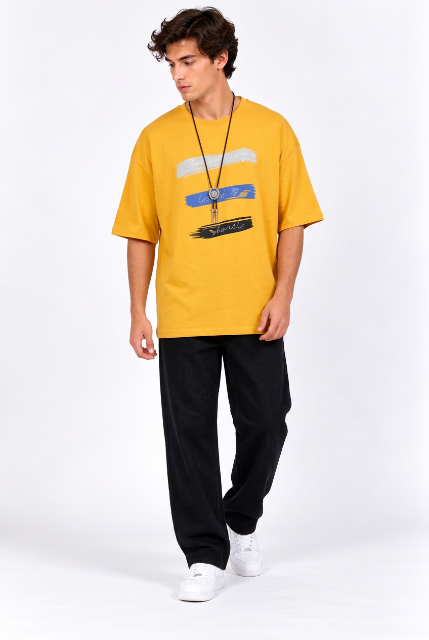 Jeff T-shirt jaune et jean noir large