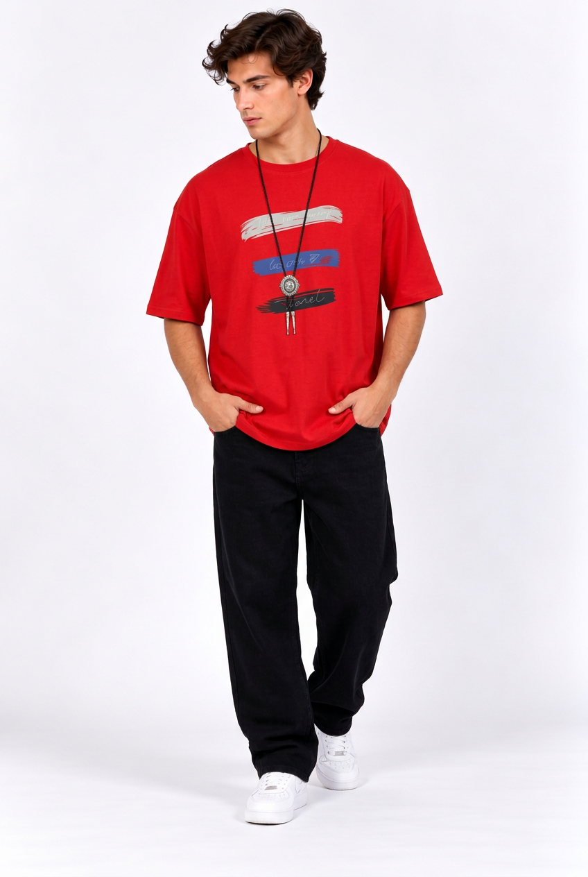 Jeff T-shirt rouge et jean noir large