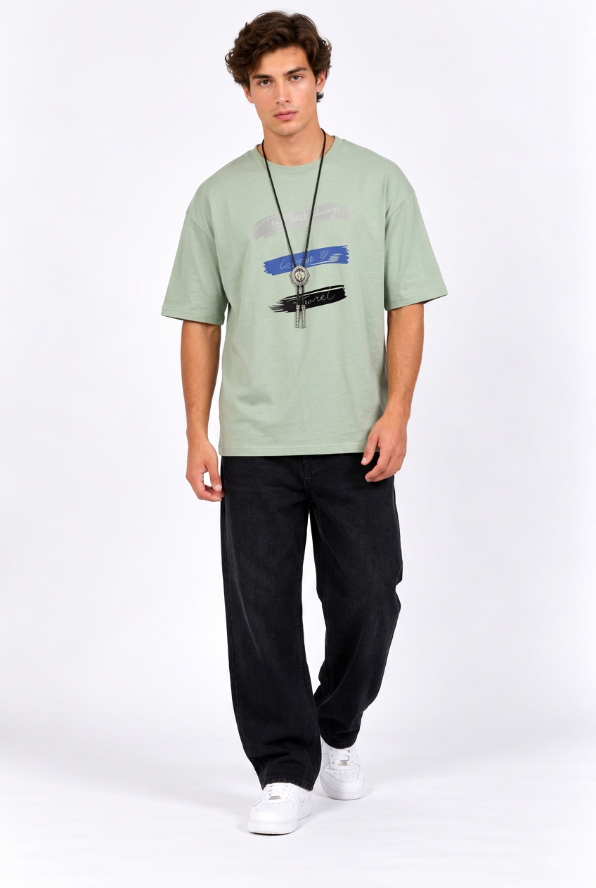 Jeff T-shirt vert sauge et jean noir large