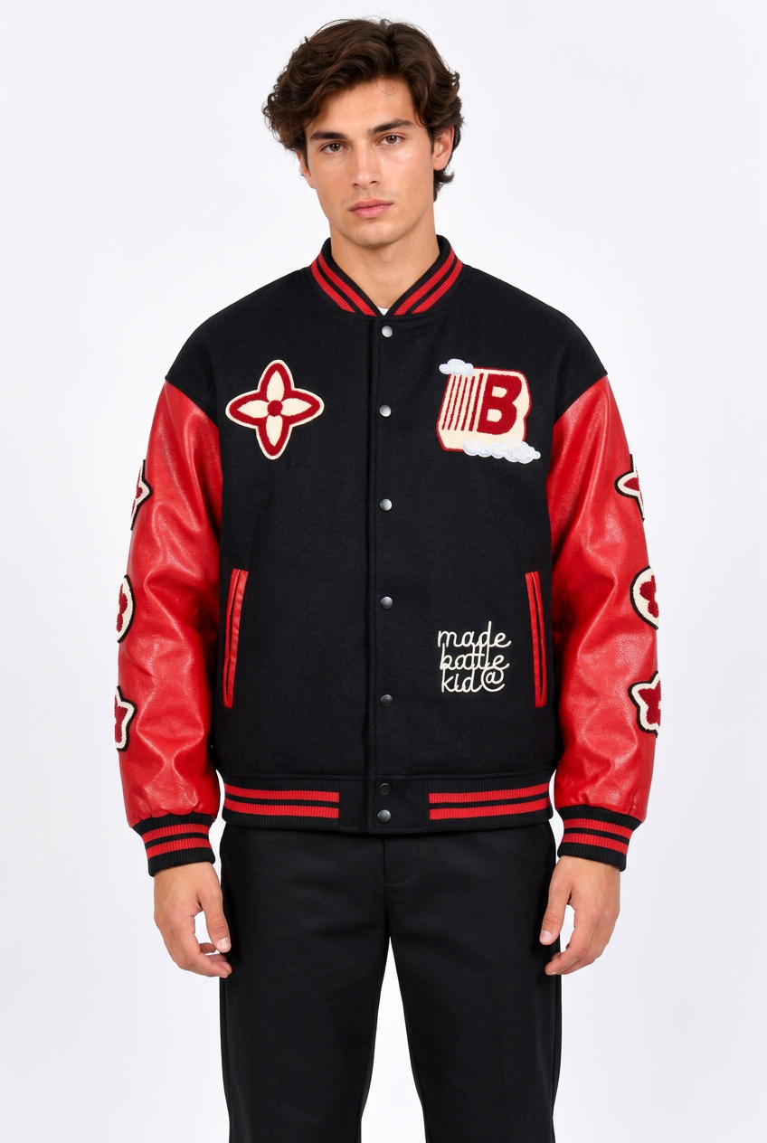 Jeff portant la veste baseball noire à manches rouges sur fond blanc