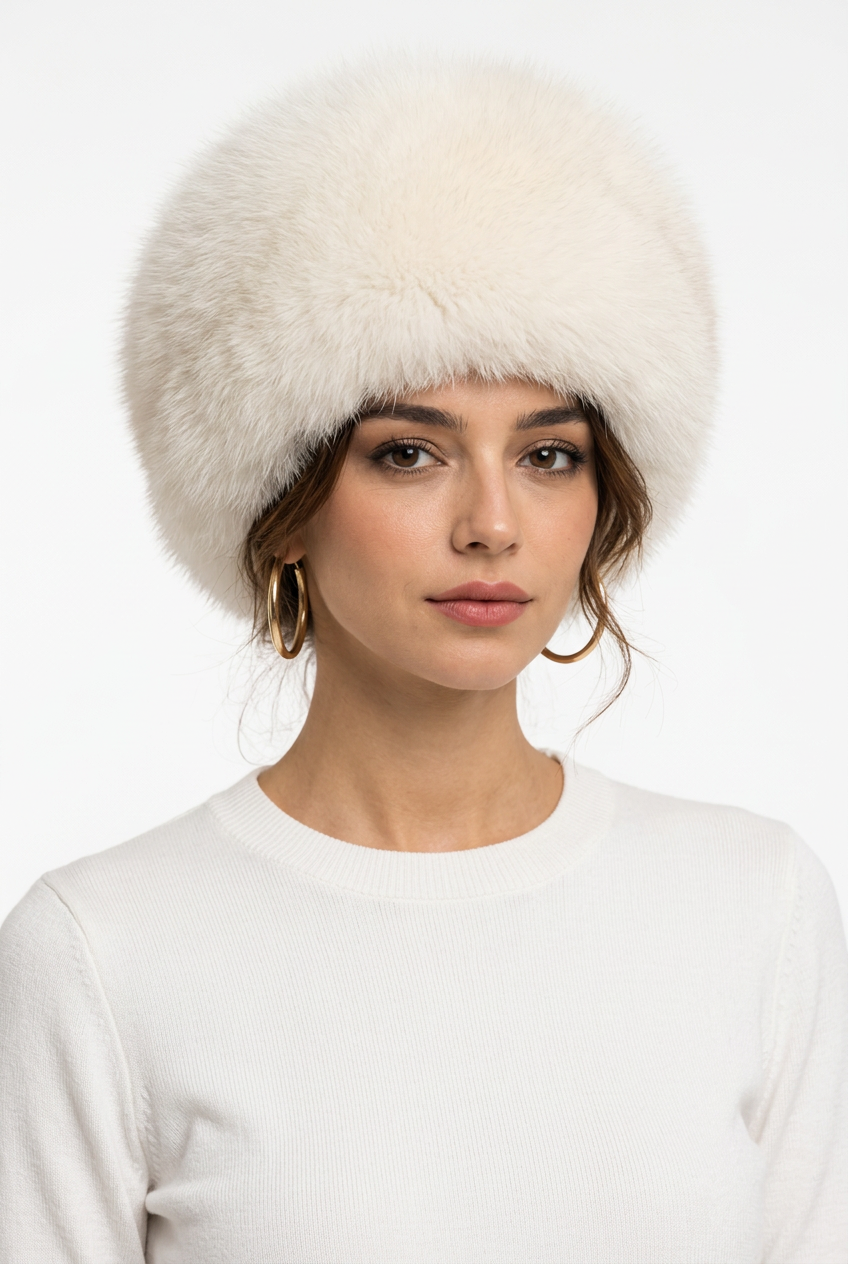 Photo Stéphanie, bonnet fourrure blanc, fond blanc
