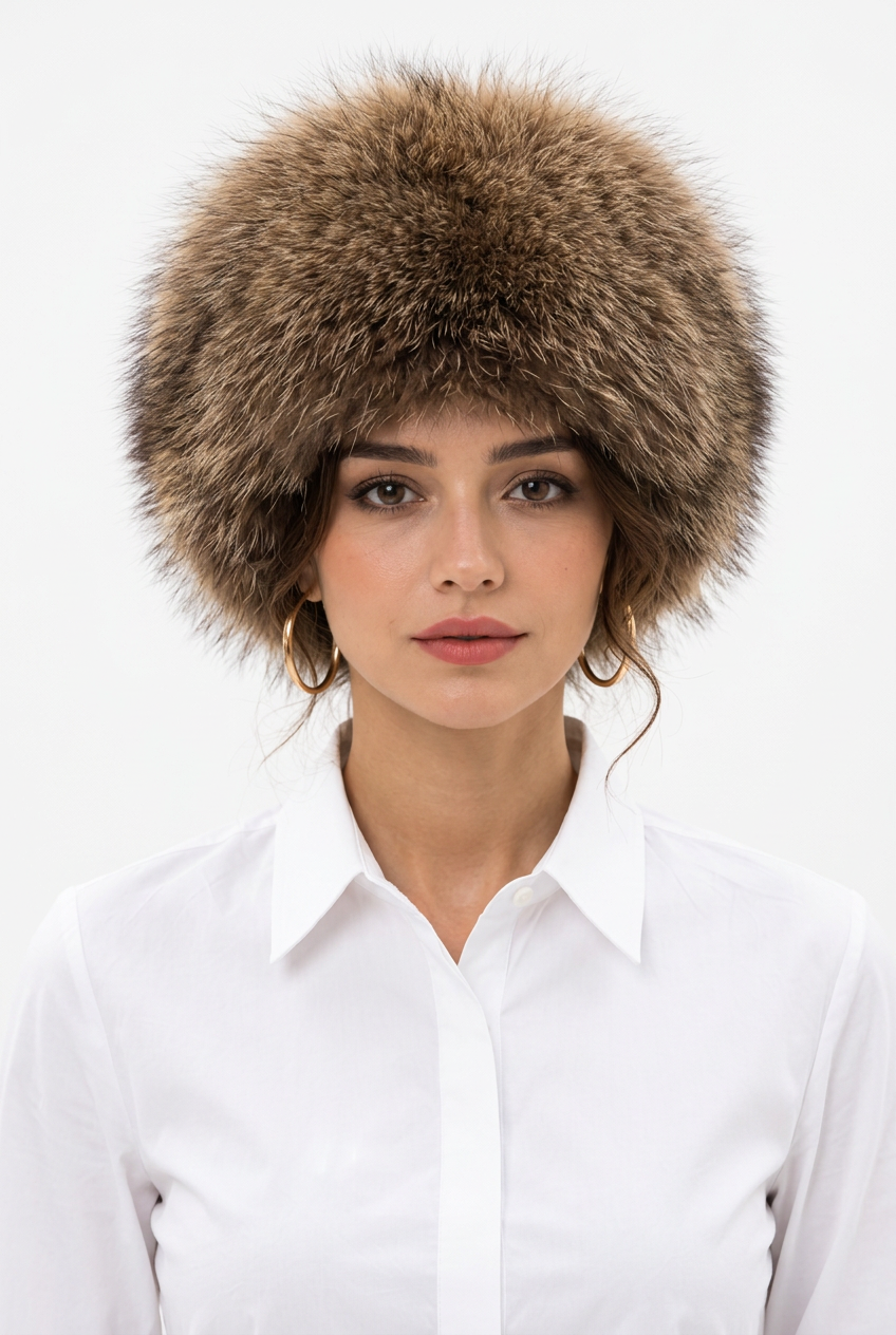 Photo Stéphanie, bonnet fourrure marron raccoon, fond blanc