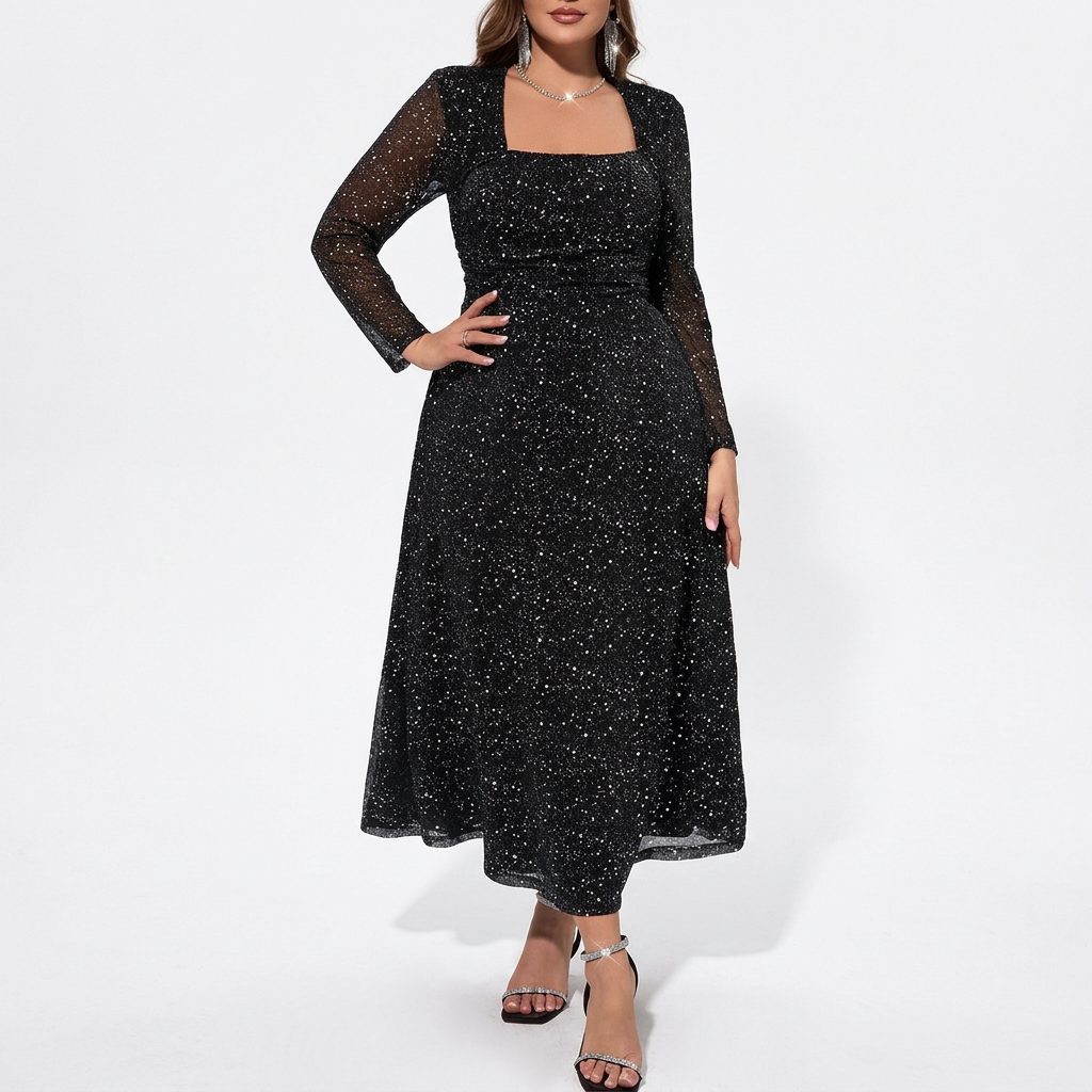 Robe noire fond blanc pose main sur hanche