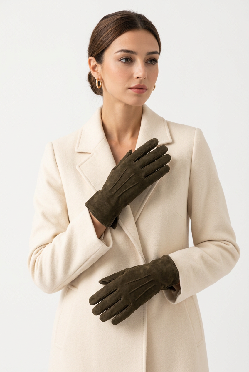 Stéphanie avec des gants mieux ajustés et une pose élégante