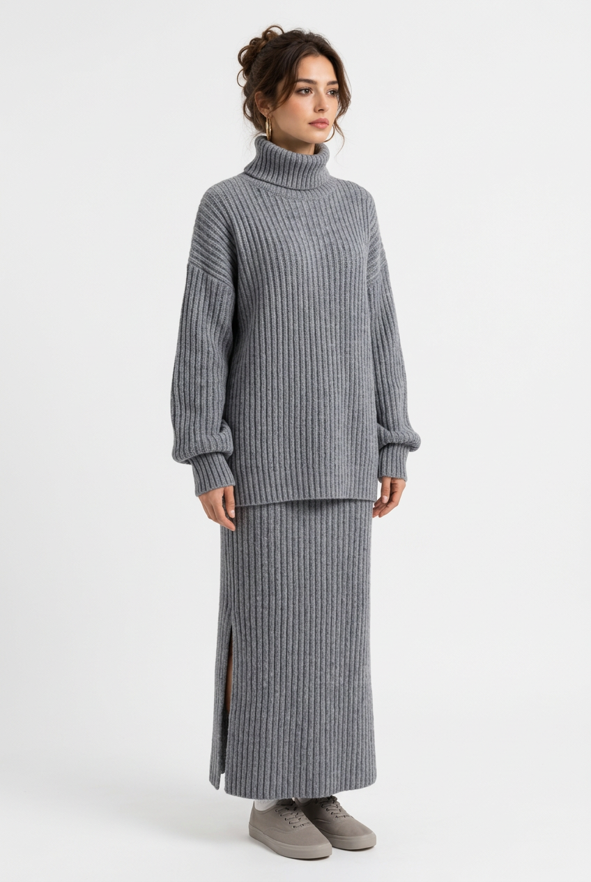 Stéphanie avec l’ensemble gris